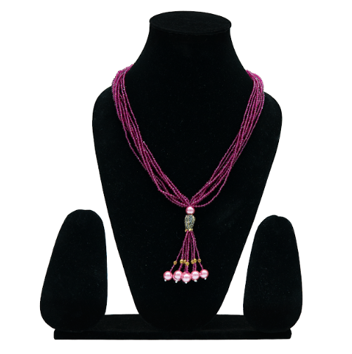 Handcrafted Purple Beaded Long Necklace with Tassel Pendant